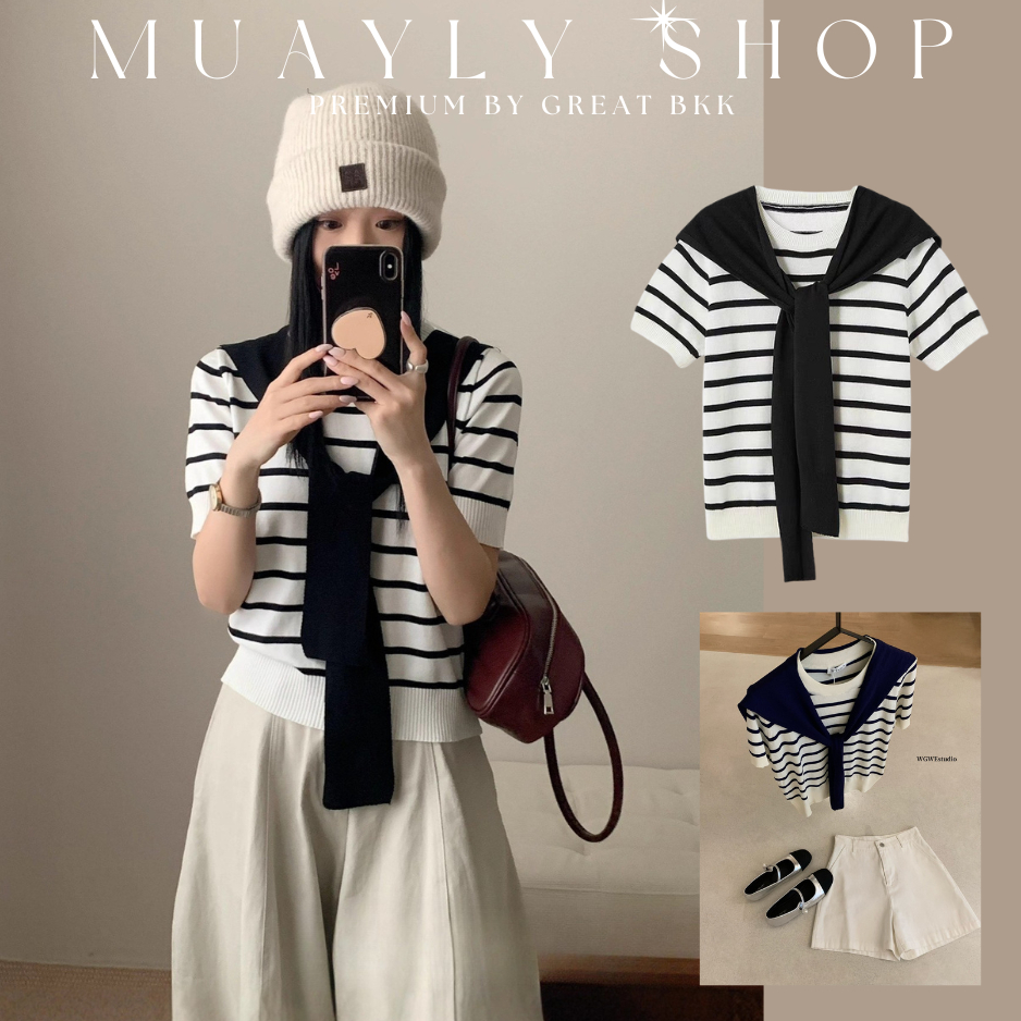 ପ(๑•ᴗ•๑)ଓ❤️ℕ𝕖𝕨 เสื้อไหมพรม 2ชิ้น เสื้อลายทาง + ผ้าพันคอ สไตล์น่ารัก เสื้อแขนสั้น เอวจั้ม