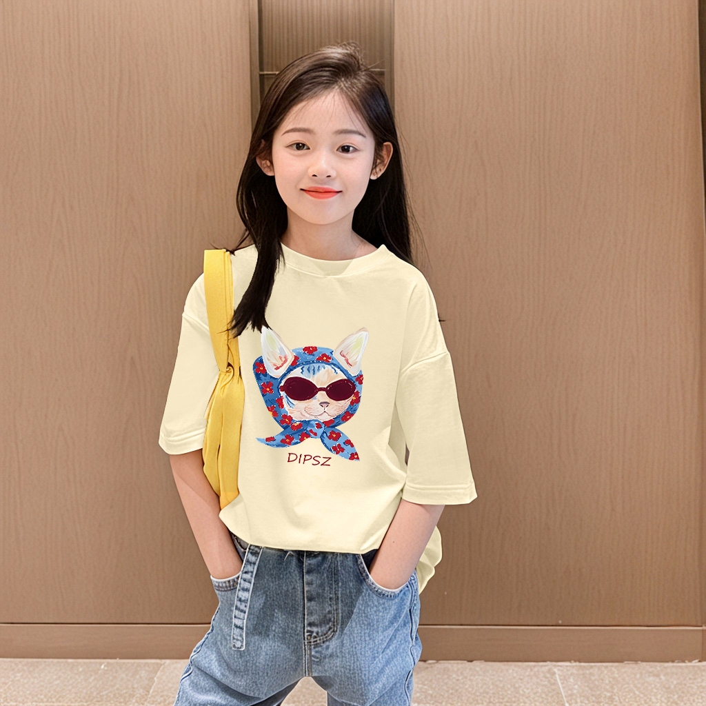 Yout-children เสื้อยืด cotton girl เสื้อเด็ก t shirt สไตล์เกาหลี คอกลม โคตรนุ่ม oversize เด็กผู้หญิง ‘DIPSZ CAT’ 2025