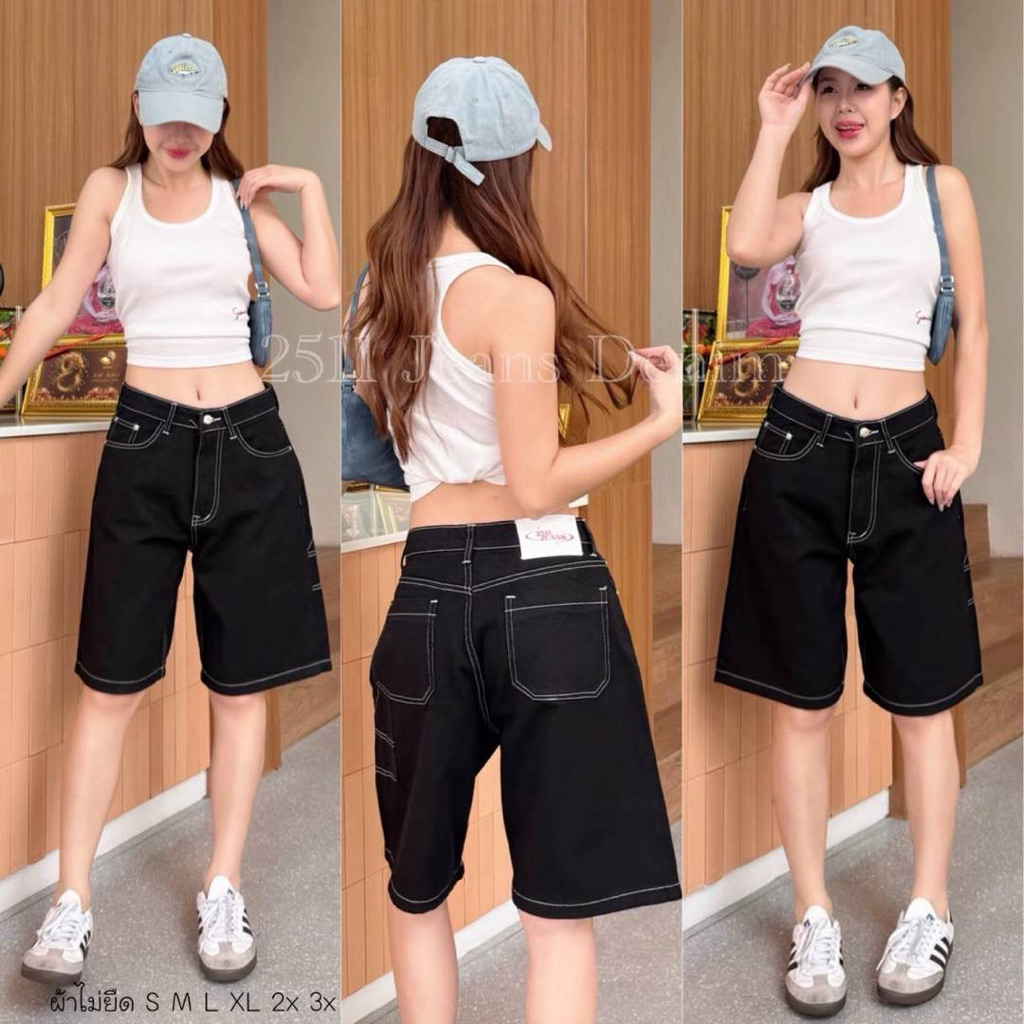 🔥มี6สี S-XXL กางเกงยีนส์เอวสูงขาสั้น5ส่วนสไตล์Streetยาวระดับเข่า