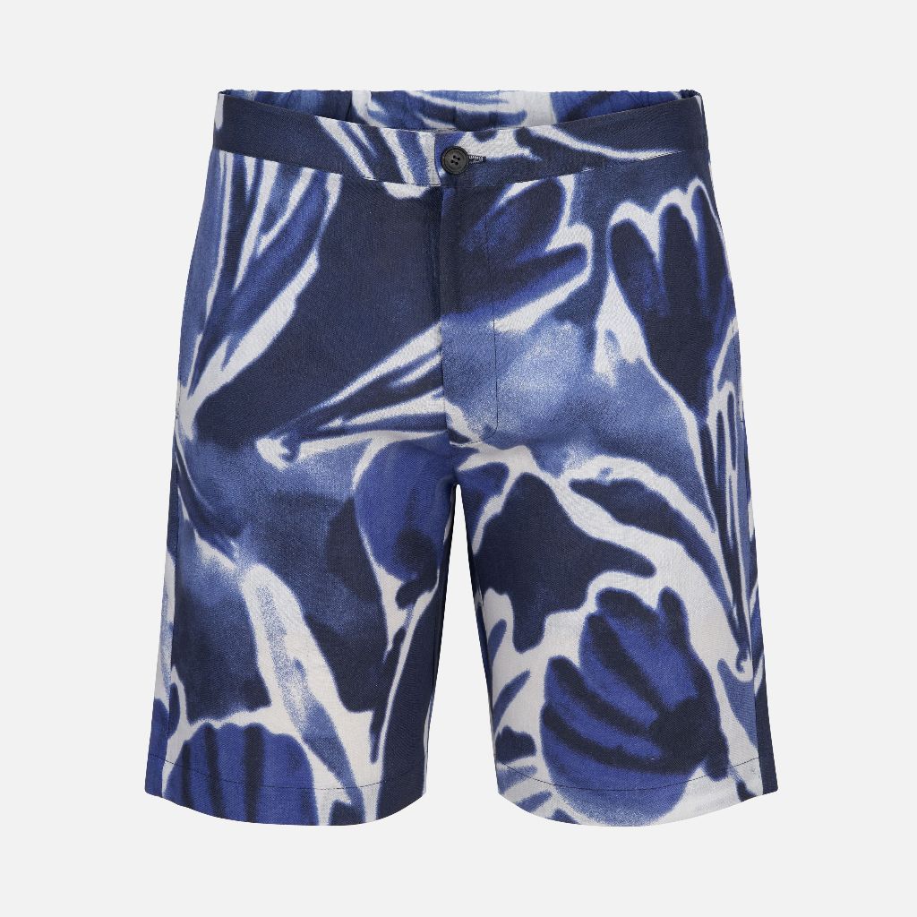 Faded Flower Linen Short Pants - Navy Blue