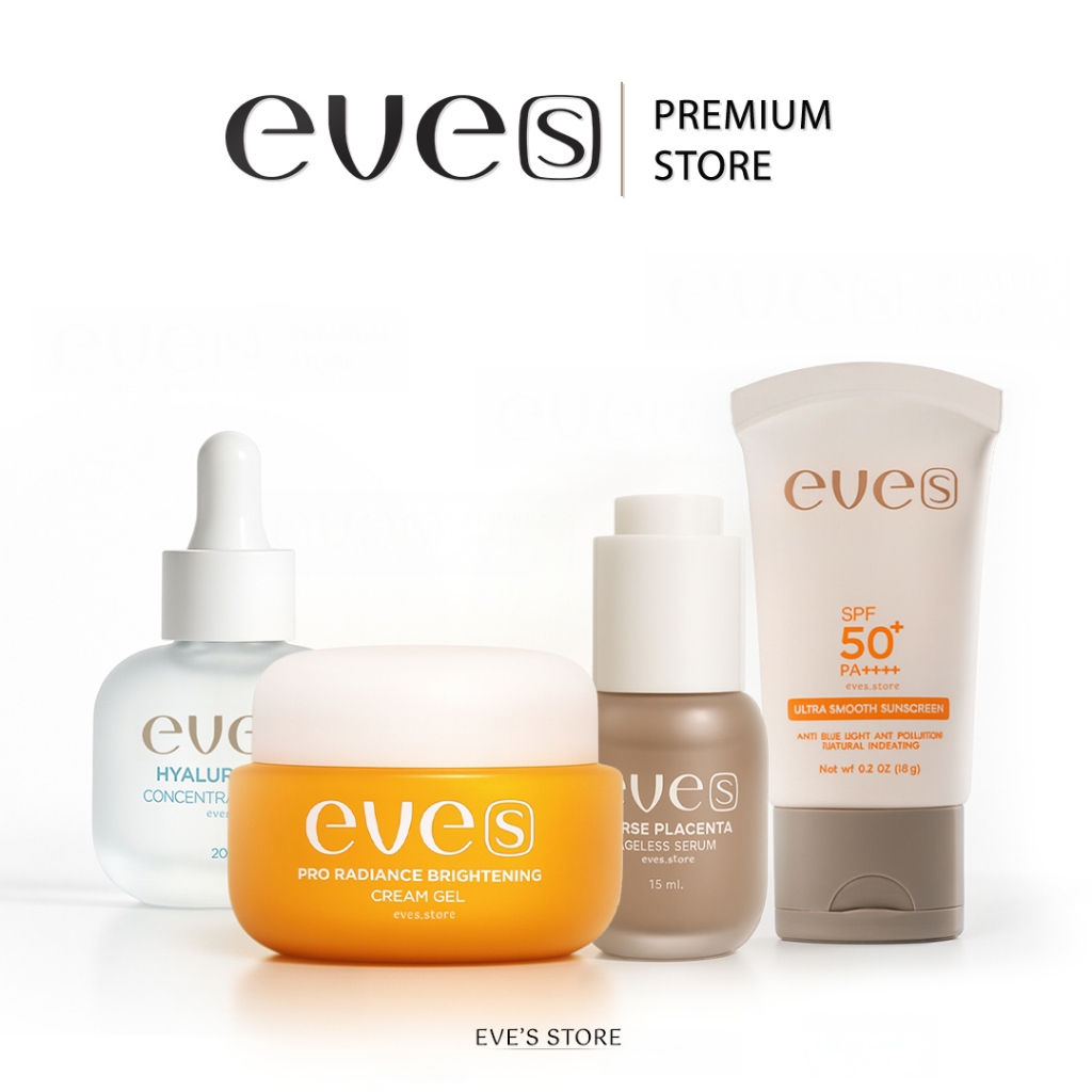 EVES อีฟส์ เซ็ตหน้าใสไม่กลัวแดด  เซรั่มรกม้า ครีมเจลส้ม ไฮยาลูรอน กันแดด SPF50 Pa++++ กระชับรูขุมขน ผิวขาวกระจ่างใส