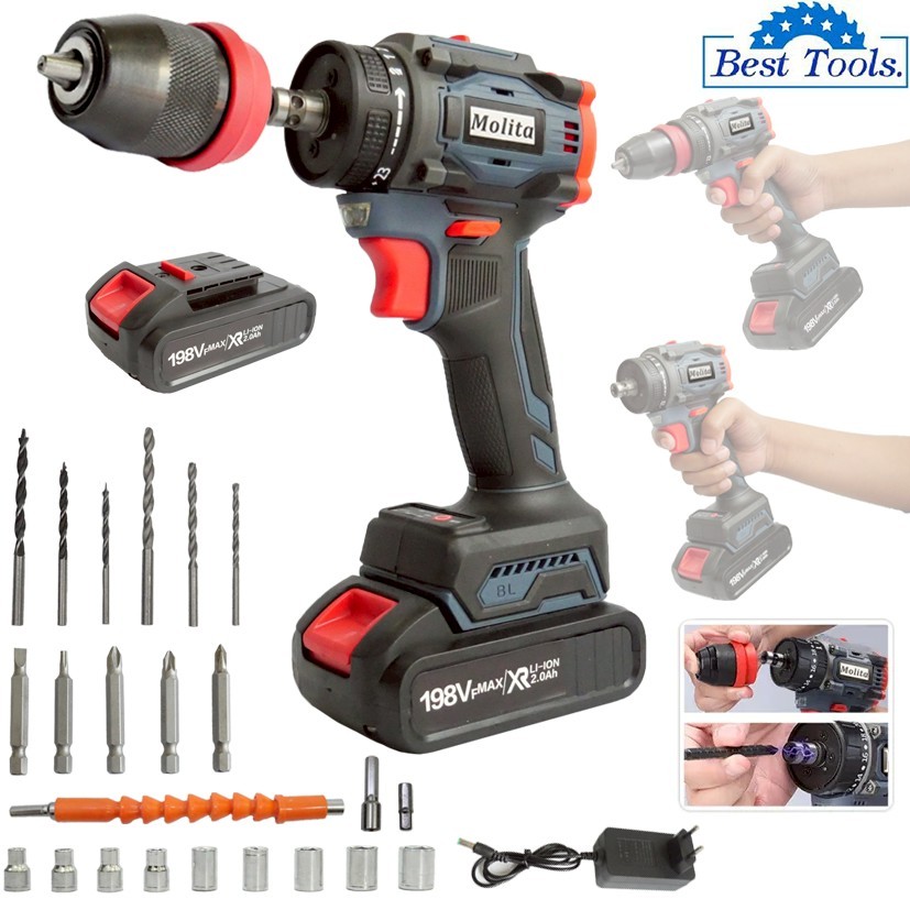 MOLITA สว่านไร้สาย สว่านไร้สายแท้ สว่านไฟฟ้าไร้สาย 198V ไขควง ไฟฟ้า สว่านไขควงไร้สาย สว่านไขควงกระแท