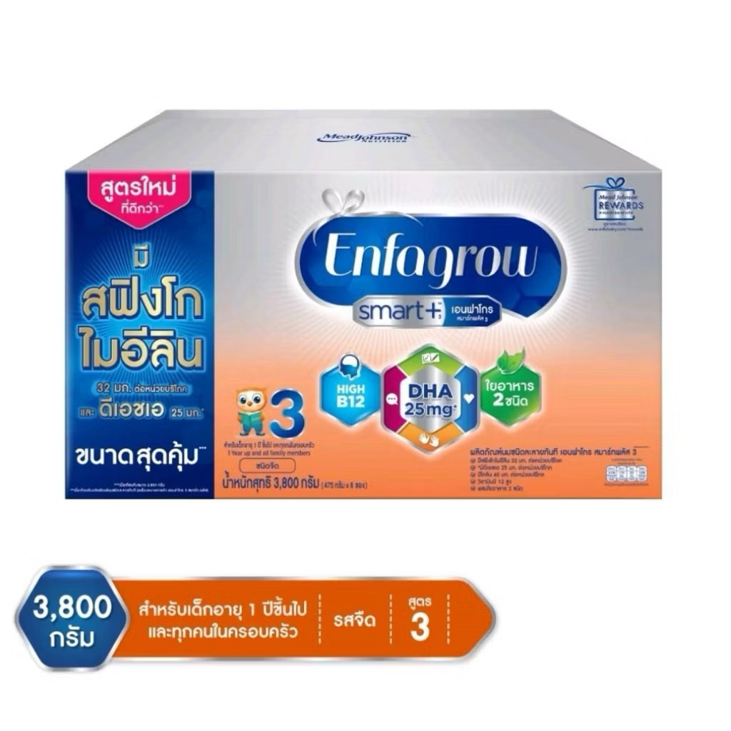 เอนฟาโกร สมาร์ทพลัส นมผง สูตร 3 ขนาด 3800 กรัม. ENFAGROW SMART+3 PLAIN 3800G.
