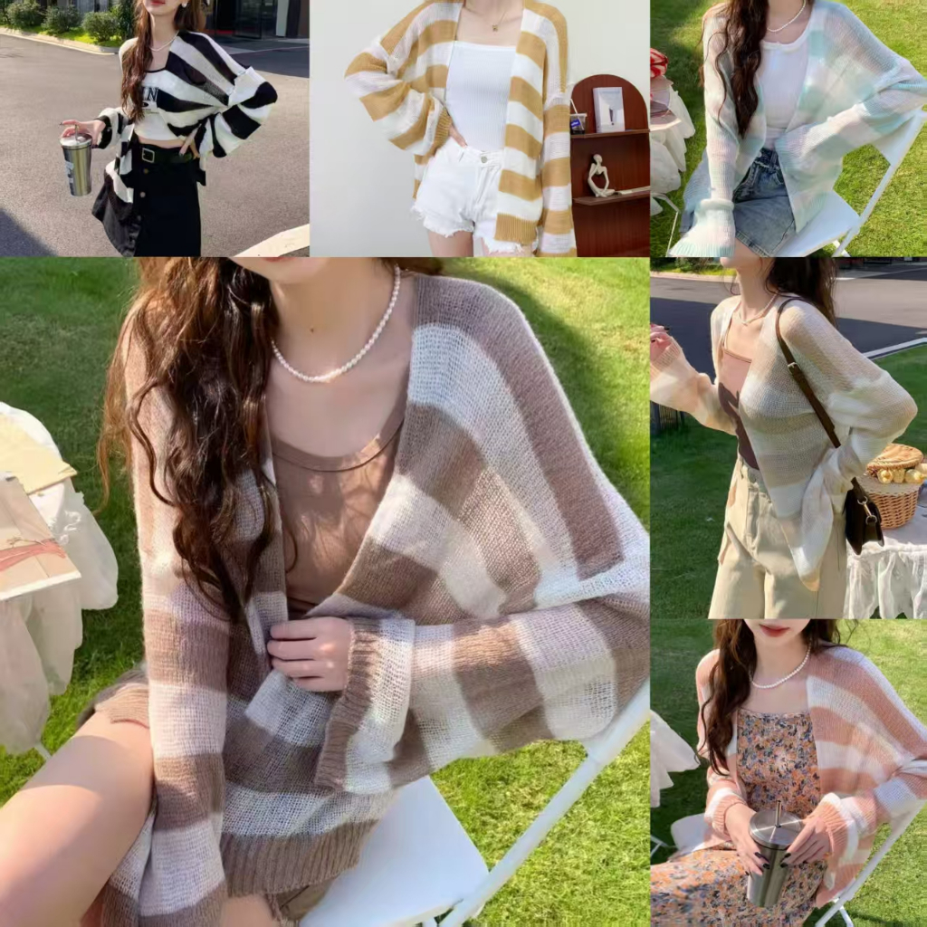 ไหมพรมแขนยาวเสื้อผ้าแฟชั่นผู้หญิง เสื้อคลุมคาร์ดิแกน บางเบาใส่สบาย เสื้อลายทาง