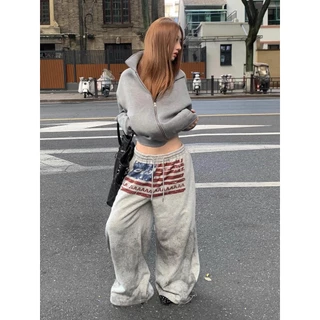 [Trendy printed sports wide-leg pants]กางเกงกีฬาขากว้างพิมพ์ลายฮิปฮอปสำหรับผู้หญิง กางเกงขายาวสีเทาแบบลำลอง