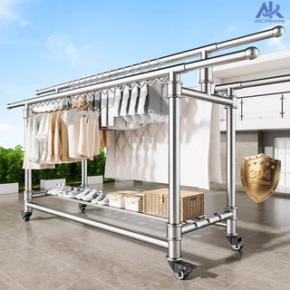 AKOM ราวตากผ้าสแตนเลส 304 ราวตากผ้าแบบยืดหดได้ มีล้อสากล พร้อมตะขอกันลม เคลื่อนย้ายสะดวก สแตนเลสคุณภาพสูง แข็งแรงทนทาน