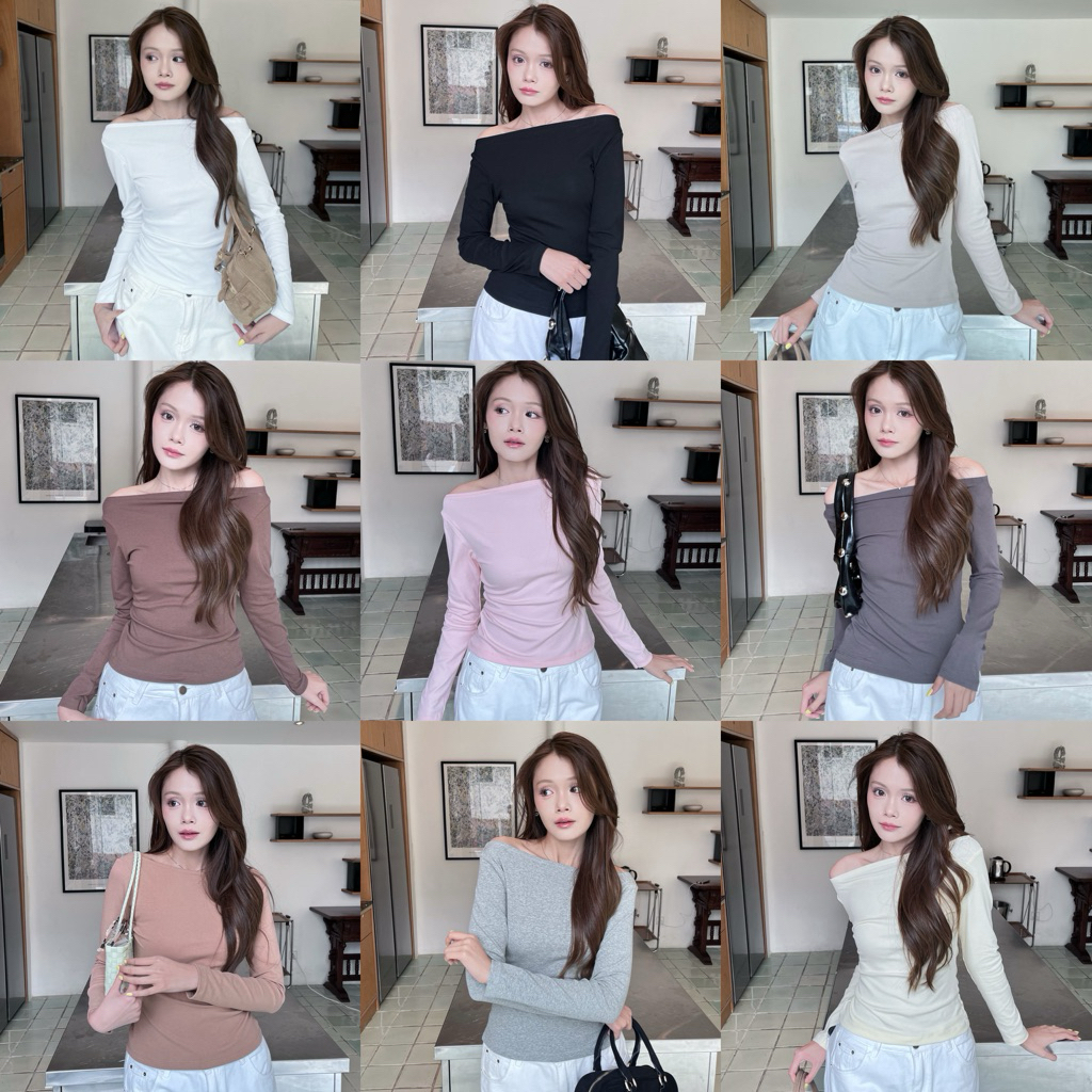(ไม่ผลิตเพิ่ม)เสื้อปาดไหล่ผู้หญิง แขนยาว เบี่ยงไหล่ ทรงสวย ใส่ทำงาน แมทง่าย รุ่น Jane Top by BEMYCHIC
