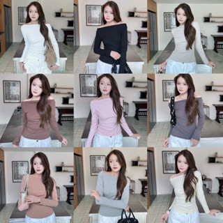 เสื้อปาดไหล่ผู้หญิง แขนยาว เบี่ยงไหล่ ทรงสวย ใส่ทำงาน แมทง่า…