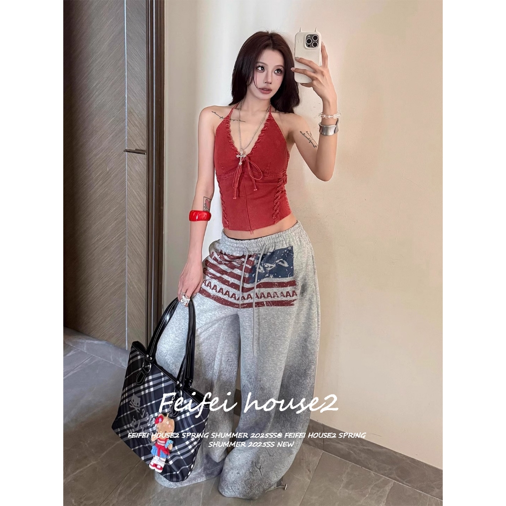 [Women's letter flag print trousers]กางเกงวอร์มขากว้างเอวสูงพิมพ์ลายสฮิปฮอปสำหรับผู้หญิงไตล์สตรีท