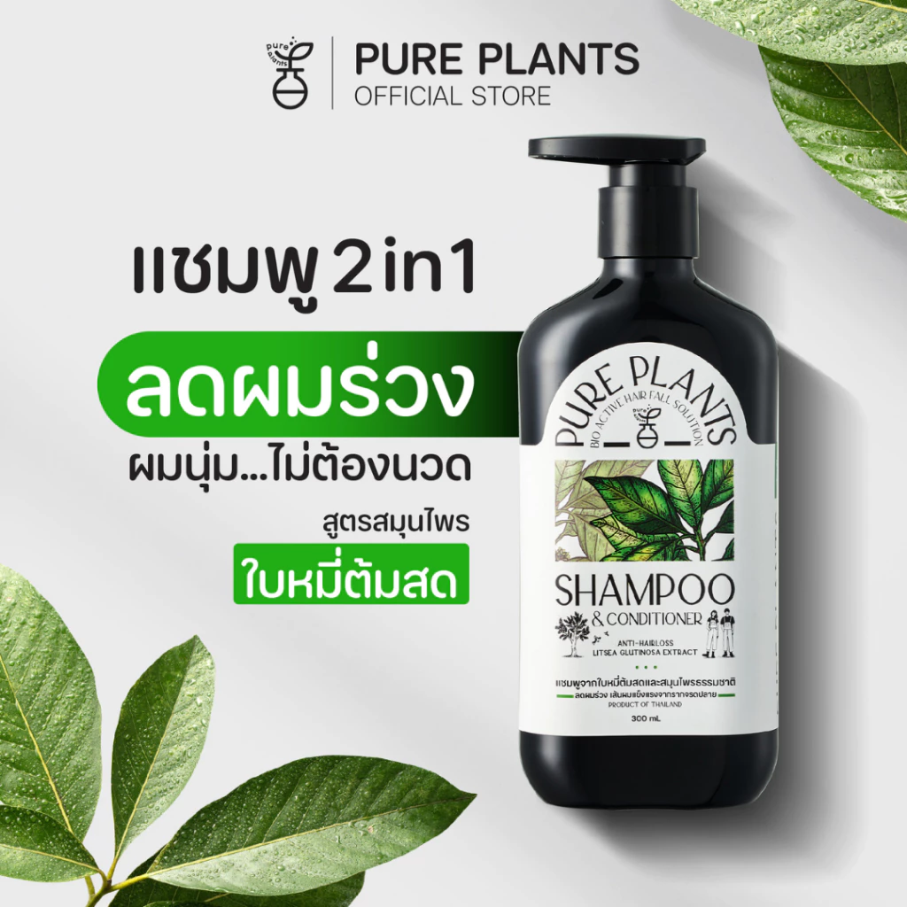 PURE PLANTS เพียว แพลนท์ แชมพูลดผมร่วง จากสมุนไพรใบหมี่ต้มสด สูตร 2 in 1