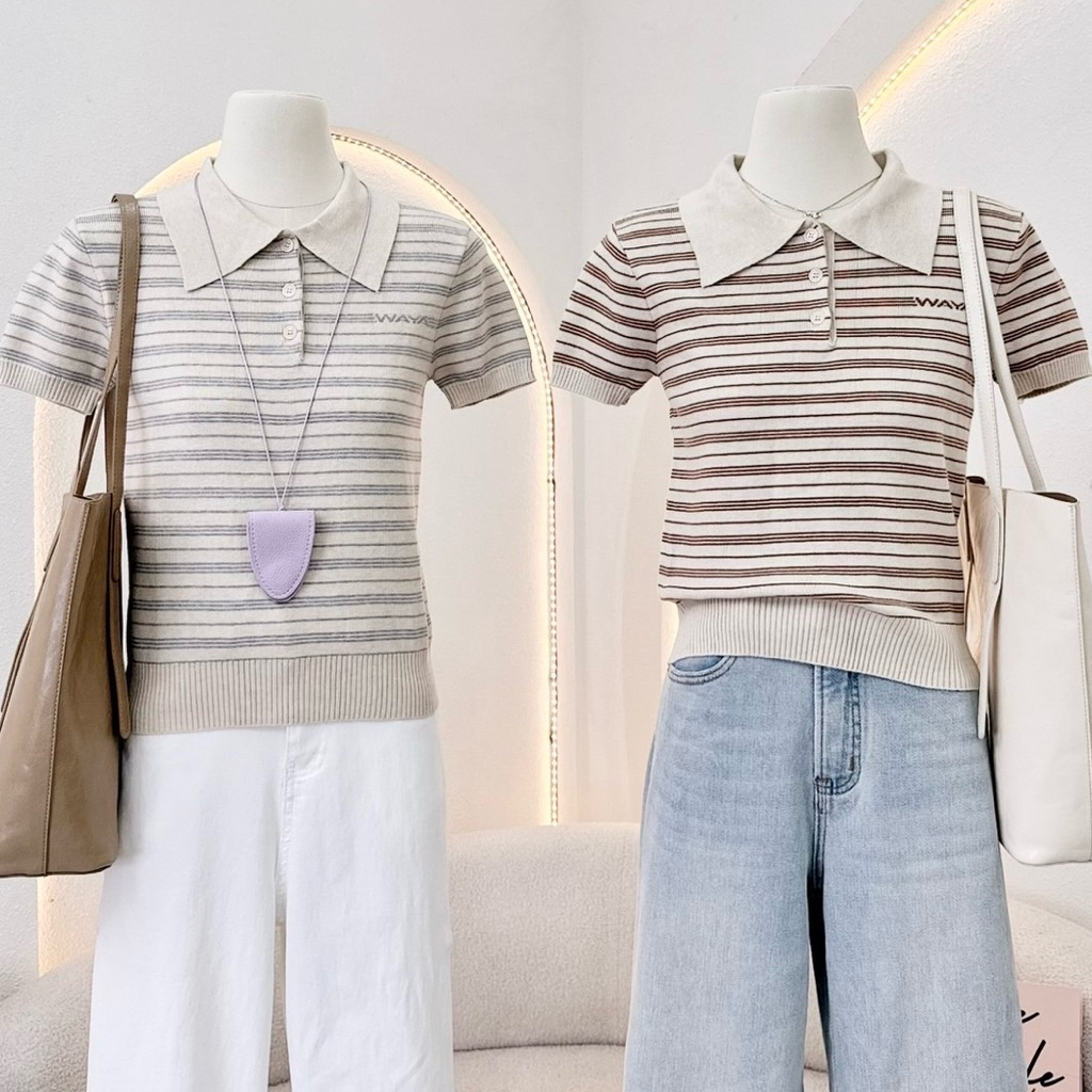 WA YA เสื้อเชิ้ตไหมพรมลายริ้ว