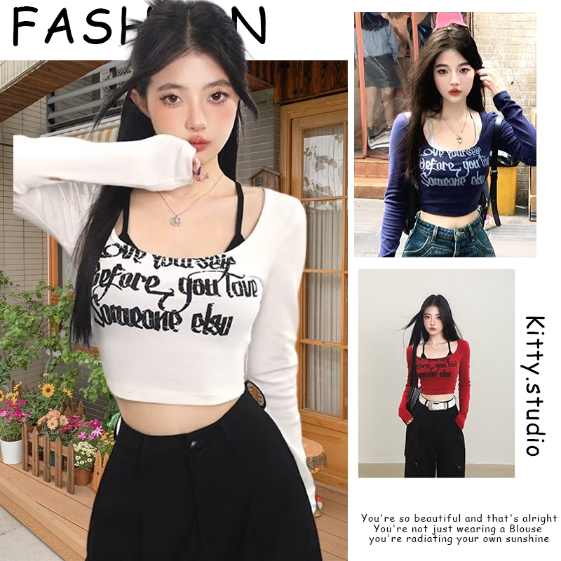 Kitty พร้อมส่ง🧸เสื้อครอปหญิง เสื้อรัดรูปแขนยาว สีขาวเสื้อเปิดไหล่ ทรงเข้ารูป