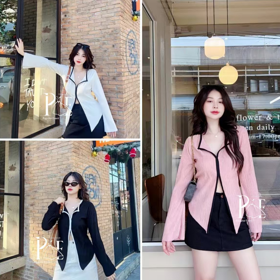 เสื้อครอปไหมพรมแขนยาวคอวี มีกระดุมหน้า สีสันสดใส Clothing Lady