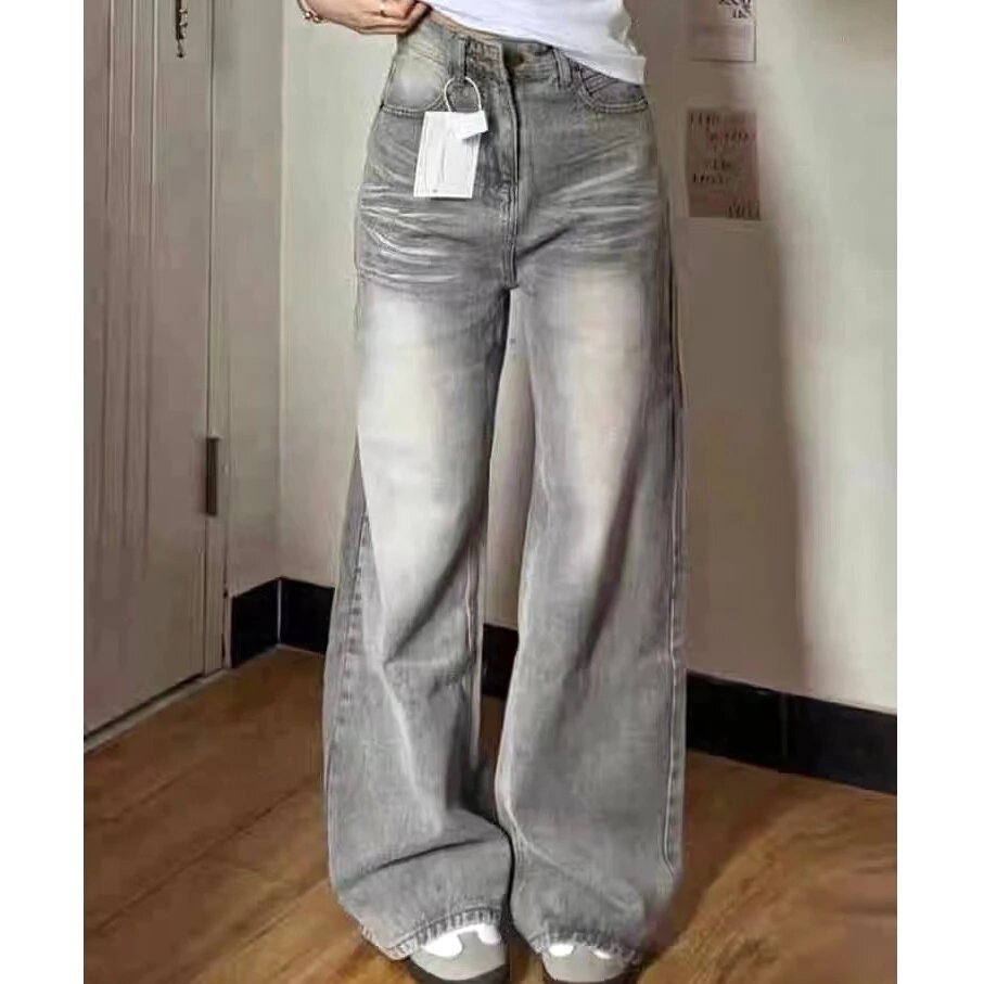 🔥919nn🔥กางเกงยีนส์วินเทจ กางเกงยีนส์ขากระบอก สีเทาวินเทจ ผ้ายีนส์นิ่ม ทรงสวย ทรงหลวม