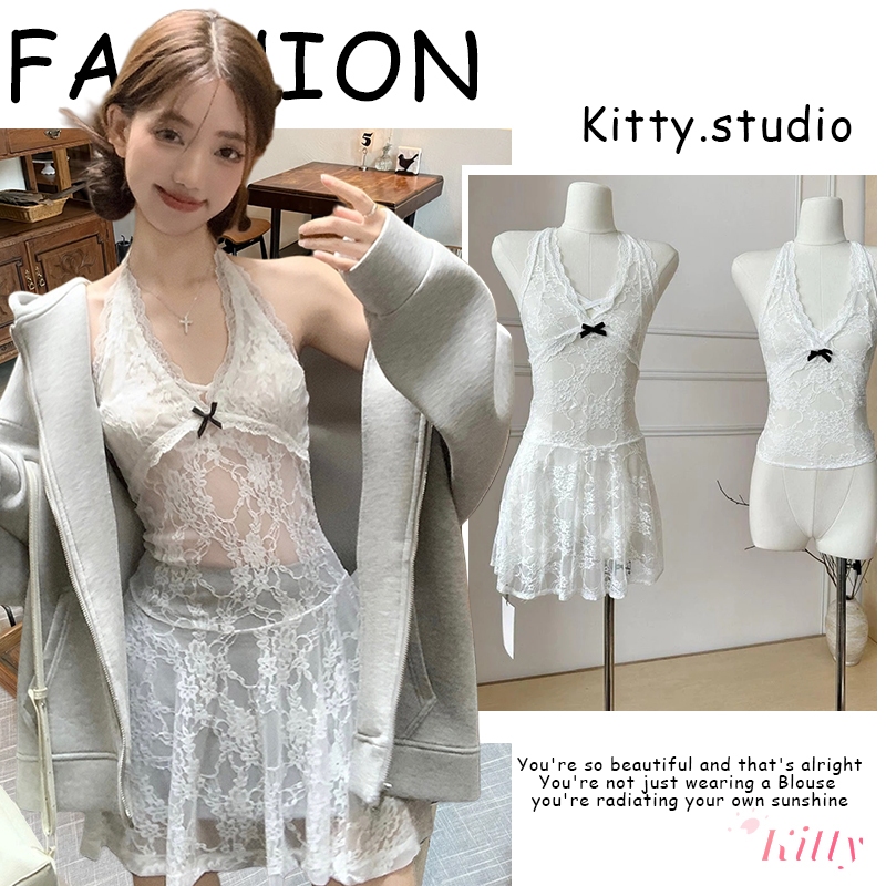 Kitty พร้อมส่ง🎀เสื้อลูกไม้เซ็กซี่🎀สีขาวสั้นและยาว ไม่มีฟองน้ำ ซีทรูเบาๆ แมทช์ง่าย Y2K เสื้อแขนกุด สวยมาก เซ็กซี่สวย