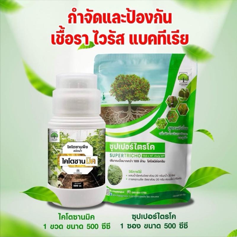 คู่หู ยับยั้ง เชื้อรา ไวรัส เเบคทีเรีย ซุปเปอร์ไตรโค+ไคโตซานมิค (1 ซอง 500 กรัม+1 ขวด 500 ซีซี) ตรา เทพมงคล