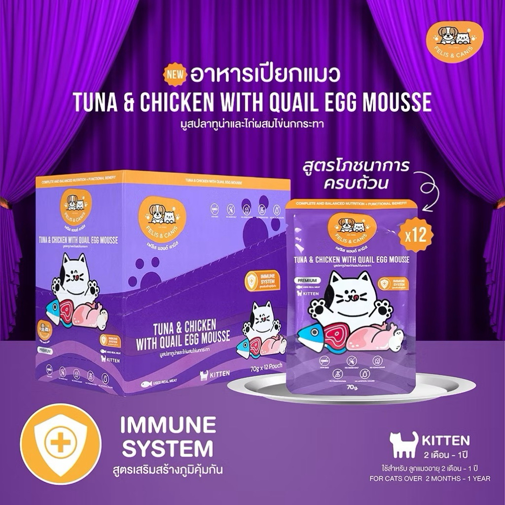 Felis & Canis อาหารเปียกสำหรับแมว รสมูสปลาทูน่าและไก่ผสมไข่นกกระทา 70g. 12 ซอง(1 กล่อง)