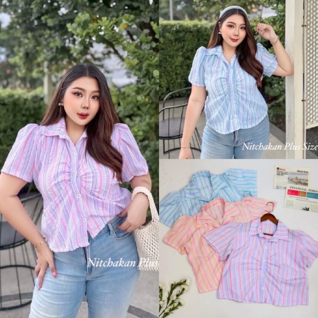 เสื้อคอปกจีบอก อก40-56นิ้ว ด้านหลังมีสายผูกเอว ด้านหน้าแต่งจับจีบช่วงอก สีหวาน สาวอวบ ไซส์ใหญ่ MG17-0