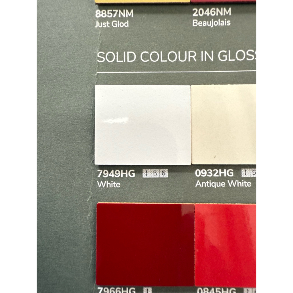 แผ่นลามิเนต โฟเมก้า PP 7949 HG สีขาวเงา ขนาด 120x240 ซม หนา 0.8 มิลิเมตร ใช้ติดงานเฟอร์นิเจอร์