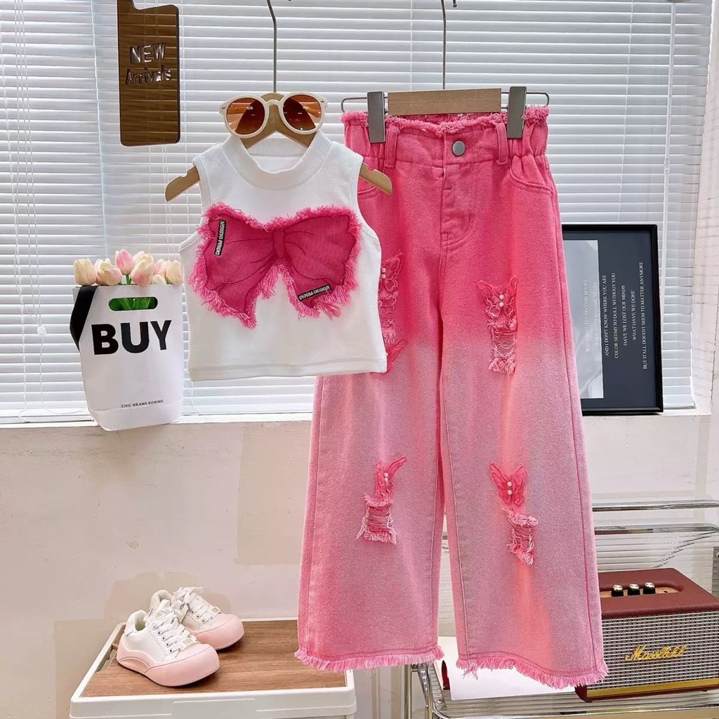 [Namsaii kids]🔥พร้อมส่ง🔥ชุดเซท2ชิ้น ชุดเด็กผู้หญิง เสื้อแขนกุด + กางเกงยีนส์ขายาว สไตล์เกาหลี
