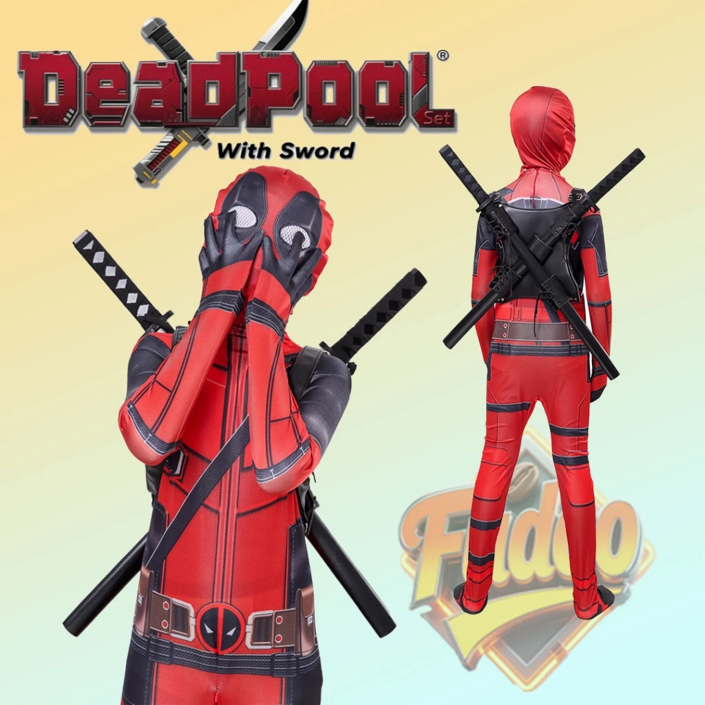 ชุดเดดพูลสำหรับเด็ก ชุดจั๊มสูทคอสเพลย์ Deadpool costume for kid with sword Panther Venom Captain America สําหรับเด็ก