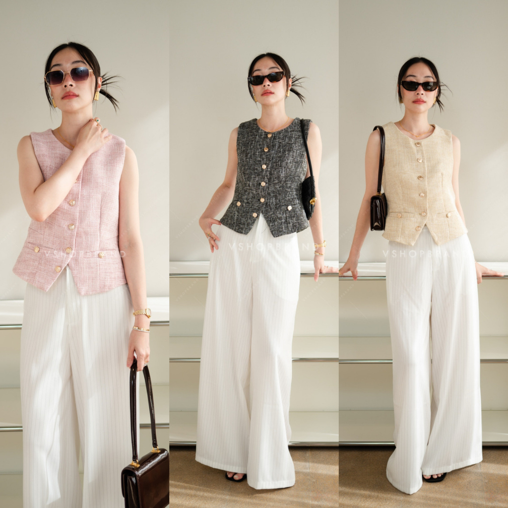 6028-2 กั๊กผ้าทวิต กระดุมทอง งานป้าย vshopbrand