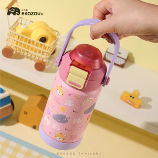 EKOKIDS รุ่นฝา 2 ชั้น ขวดน้ำสแตนเลส 304 เคลือบเซรามิก ขนาด 360ml/12oz ขวดน้ำสำหรับเด็ก มีหลอดดูด
