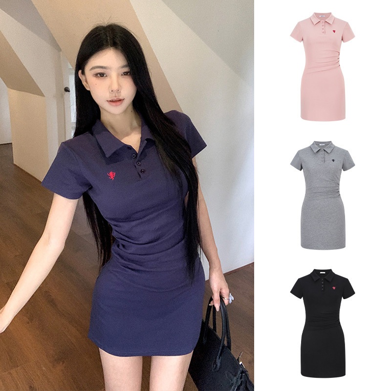 🚚ส่งจากไทย🌼 ชุดเดรส🔥เดรสจับจีบ แขนสั้น เอวบาง กระโปรงสะโพก French Square Collar Slim Hip #F021