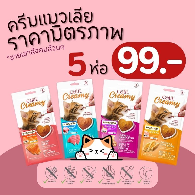 ถูกและดี ครีมแมวเลีย 5ห่อ 99 บาท ขนมแมว Catit 4รสชาติ สูตร Grain-free organic creamy super smooth cat treat