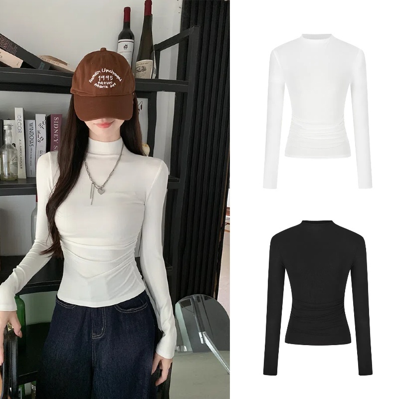 cherryshop พร้อมส่ง เสื้อยืดแขนยาวรัดรูปแฟชั่นสไตล์เกาหลีสำหรับผู้หญิง สีพื้น คอสูงครึ่ง ดีไซน์เอวจีบ ผ้ายืดใส่สบาย