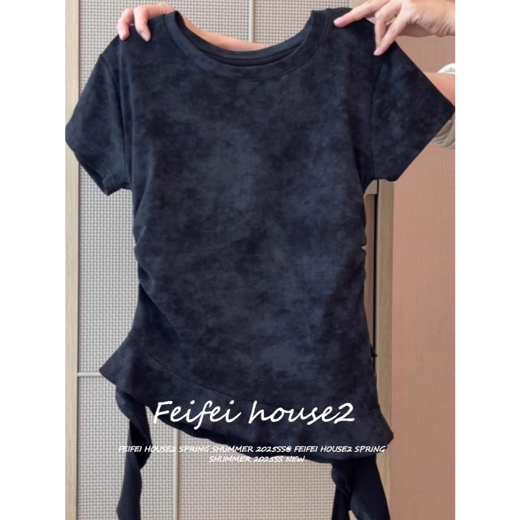[Casual Ruffled Short-Sleeve T-Shirt]เสื้อยืดคอกลมแขนสั้นสไตล์ยุโรปและอเมริกาแฟชั่นสำหรับผู้หญิง