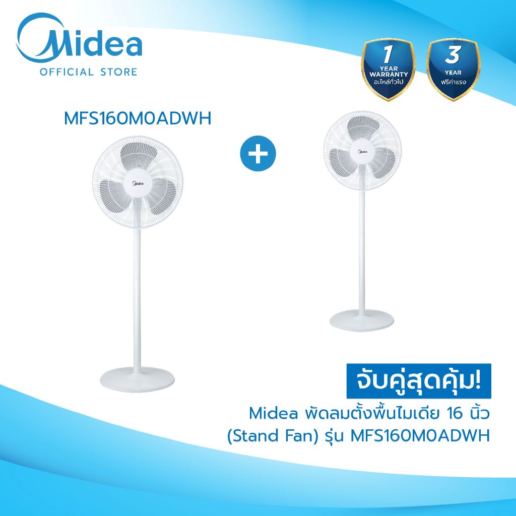 (ส่งฟรีทั่วไทย) จับคู่สุดคุ้ม !!! Midea พัดลมตั้งพื้นไมเดีย 16 นิ้ว (Stand Fan) รุ่น MFS160M0ADWH *ร