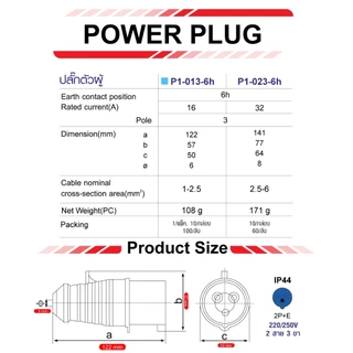 พาวเวอร์ปลั๊ก ปลั๊กไฟ 2สาย 3ขา 2P+E 16-32Ah กำลังไฟ 220V ตัวผู้-ตัวเมีย ใช้งานง่าย