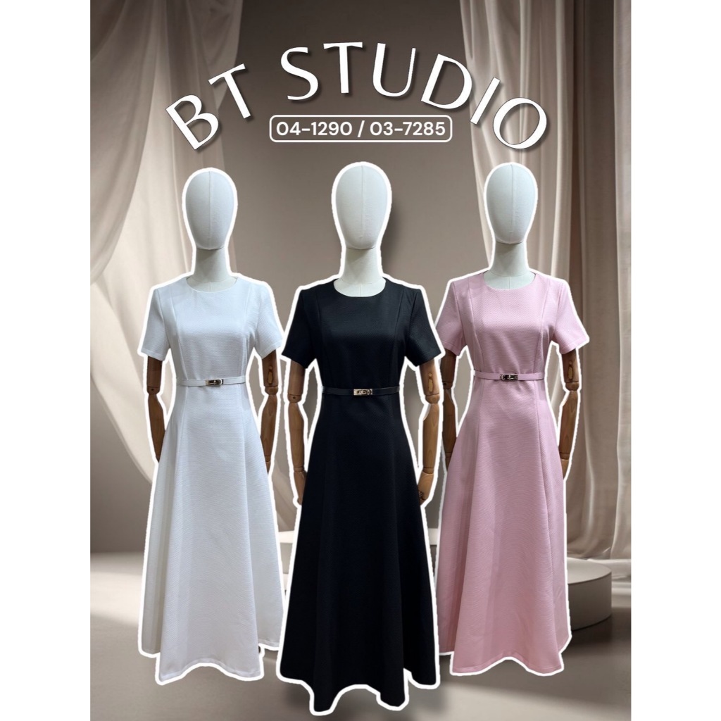 BT 03-7285 เดรสยาวแขนสั้นคอกลม ซิปหลัง อกเอวเข้ารูป กระโปรงบานออก มีลายในตัว มาพร้อมเข็มขัด สีเดียวกับชุด