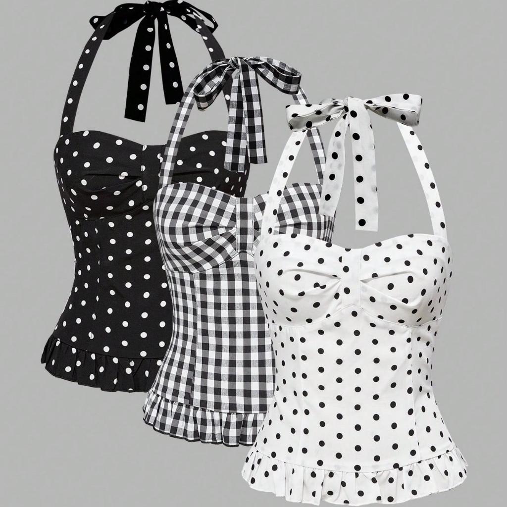 SPND【พร้อมส่ง】 เสื้อลายสุดคิ้วท์ชายระบาย ดีไซส์ผูกโบว์คอฮอลเตอร์ เพิ่มความหวานปนเซ็กซี่แมทซ์ง่าย(30572)