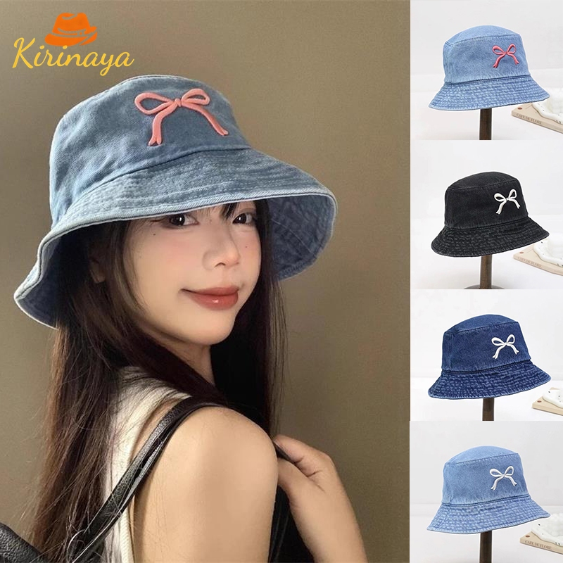 ส่งเร็วจากไทย🚚รุ่นยอดฮิต หมวกยีนส์ ผู้ชายและผู้หญิง ปักประดับโบว์ สไตล์สตรีท หมวกบักเก็ต-Kirinaya