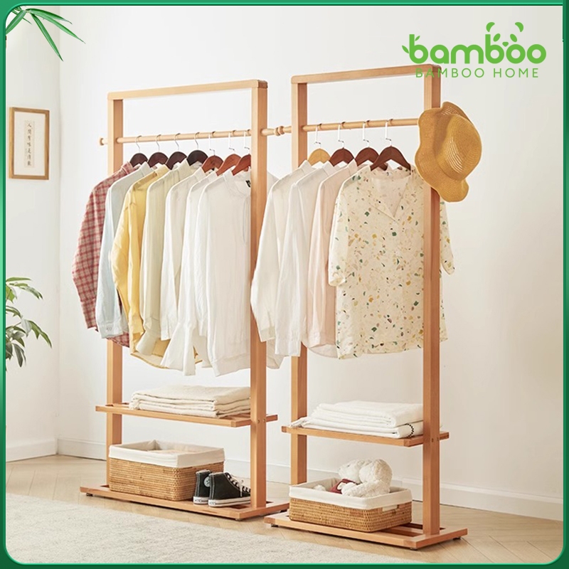 🎋 ราวตากผ้า ชั้นวางของ ราวไม้แขวนหมวก เสื้อผ้า กระเป๋า ทำโดยไม้ไผ่ธรรมชาติ กันน้ำธรรมชาติ