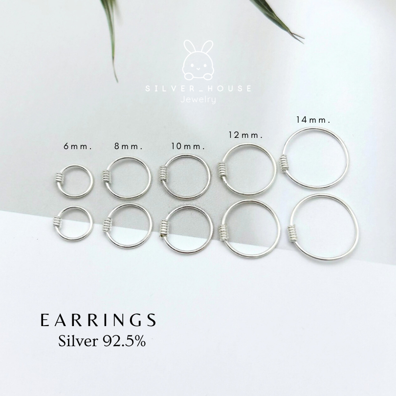 ต่างหูเงินแท้ 92.5% แบบห่วงปลายขดหนอน ห่วงปลายขดเกลียว​ มีขนาด​ 6mm.-14mmm