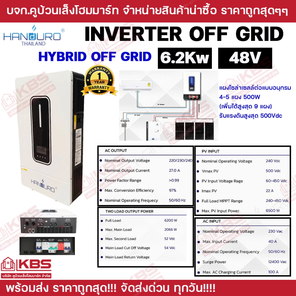 Sales!!! HANDURO อินเวอร์เตอร์ไฮบริดออฟกริด 6.2kw แบตเตอรี่ 48v INVERTER HYBRID OFF-GRID ใช้กับแอร์บ