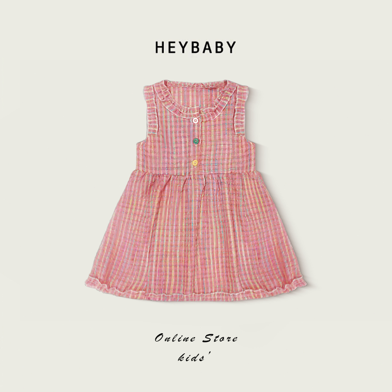 1-9 ปี ชุดเดรสเด็กผู้หญิง ชุดเดรสเจ้าหญิง คอกลม แขนพลีท สีชมพู แฟชั่นฤดูร้อน สําหรับเด็กผู้หญิง