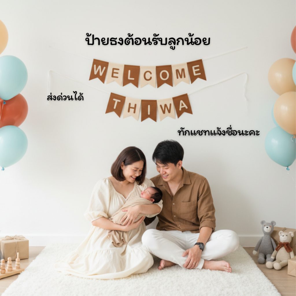 ป้ายธงเวลคัมเบบี้ WELCOME BABY ธงวันเกิด ป้ายชื่อแต่งห้อง พร็อพถ่ายรูปเด็กแรกเกิด baby name banner