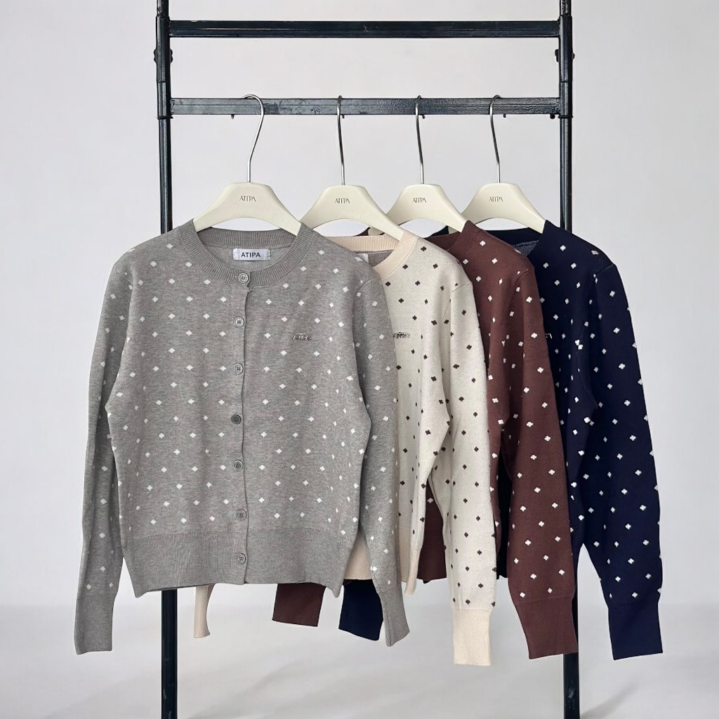 Atipashop - COUTURE POLKA CARDIGAN คาร์ดิแกน เสื้อไหมพรม แขนยาว คอกลม กระดุมหน้า ลายจุด