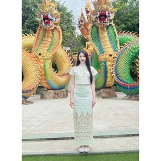 TANTANOD-รหัสTL24 ชุดเซตผ้าไทย เสื้อสไตล์ล้านนา กระโปรง(อัดกาว)ทรงแคบผ่าหลัง(ผ้าฝ้าย)