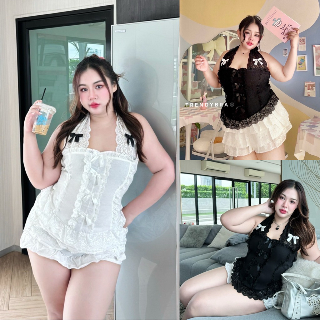 /TB/ เสื้อเกาะอกคล้องคอ สาวอวบ มีไซส์อก40-52 เกาะอกแต่งระบายลูกไม้พร้อมสายคล้องคอ สม็อคหลัง ต่อชายลูกไม้ น่ารักสุด