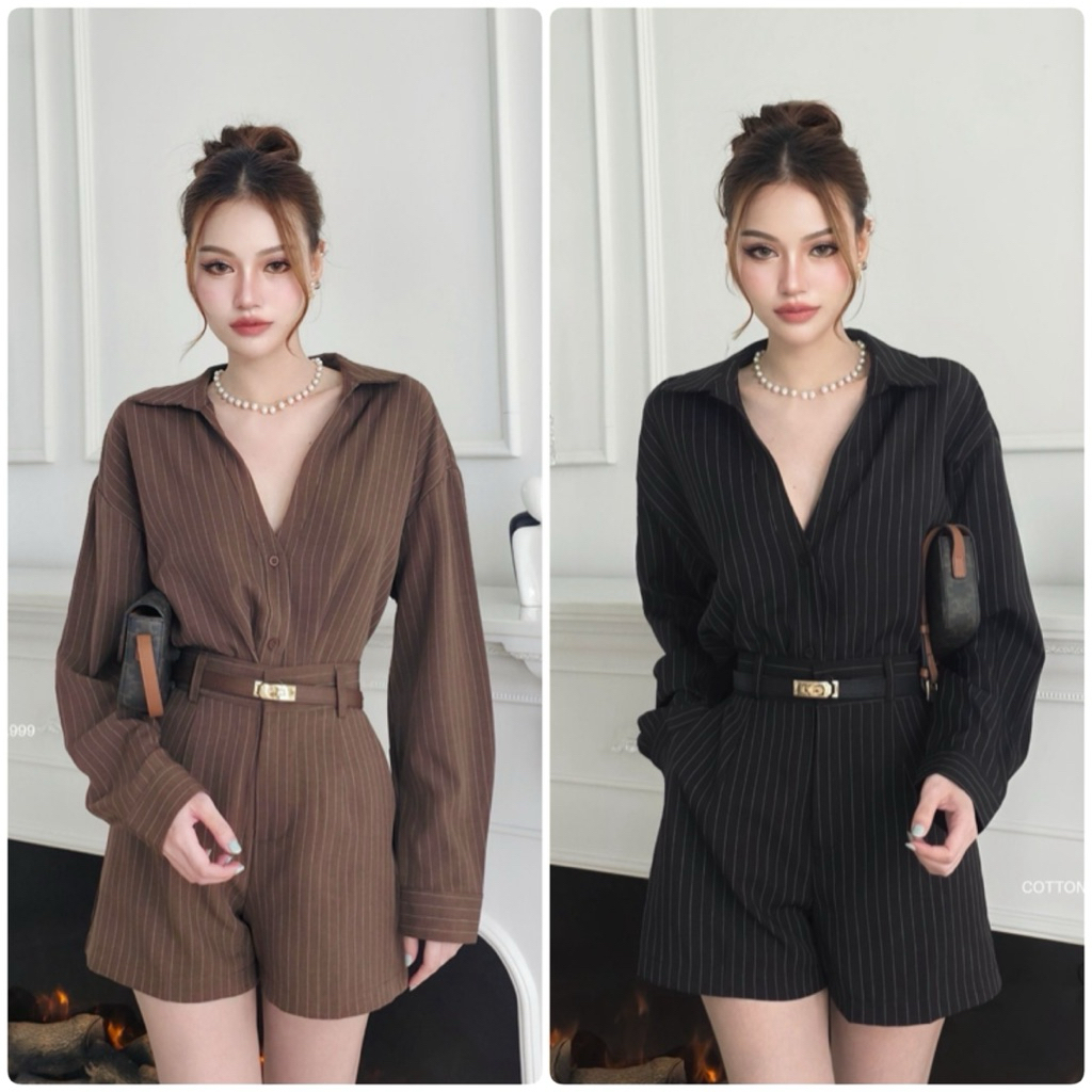 FK : เซ็ต 3 ชิ้น เสื้อเชิ้ต แขนยาว คอปก ทรงโอเวอร์ไซด์ กับ กางเกง ขาสั้น เข็มขัด ลายริ้ว ลุควินเทจ แ