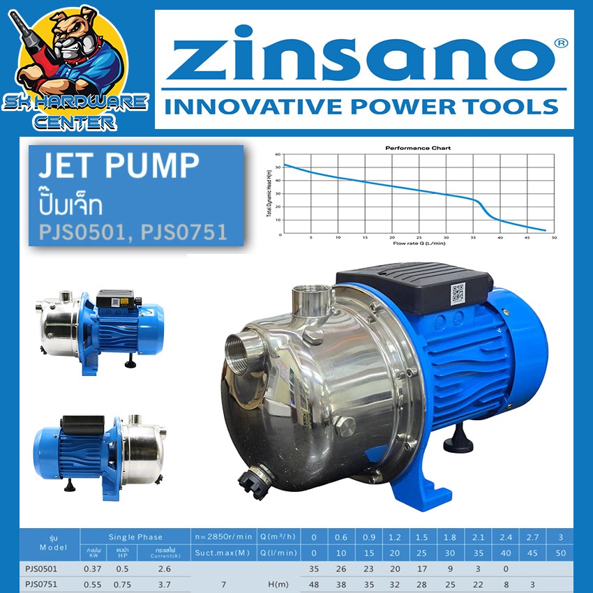 ปั๊มเจ็ทท่อดูดเดี่ยว สแตนเลส 370 - 750 วัตต์ ขนาดท่อ1x1นิ้ว ZINSANO รุ่น PJS (รับประกัน 1ปี)