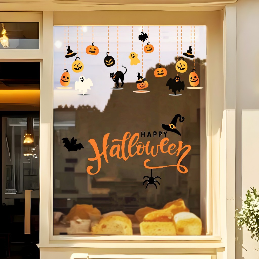 ฟิล์มติดกระจก แบบสุญญากาศ ลายฮาโลวีน เทศกาลHalloween ติดง่าย ลอกออกไม่ทิ้งคราบ สติกเกอร์ตกแต่งบ้าน สติกเกอร์ตกแต่งกระจก