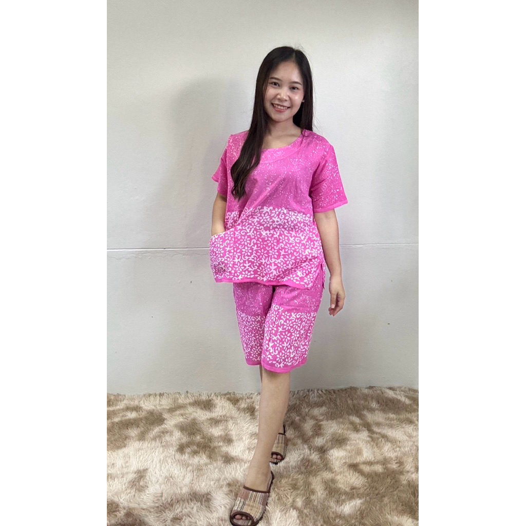 ชุดเสื้อกางเกงผ้าบาติกมีแขน อก42" ผ้าสปัน ชุดผ้าเขียนเทียน/ชุดนอนบาติก ใส่สบาย