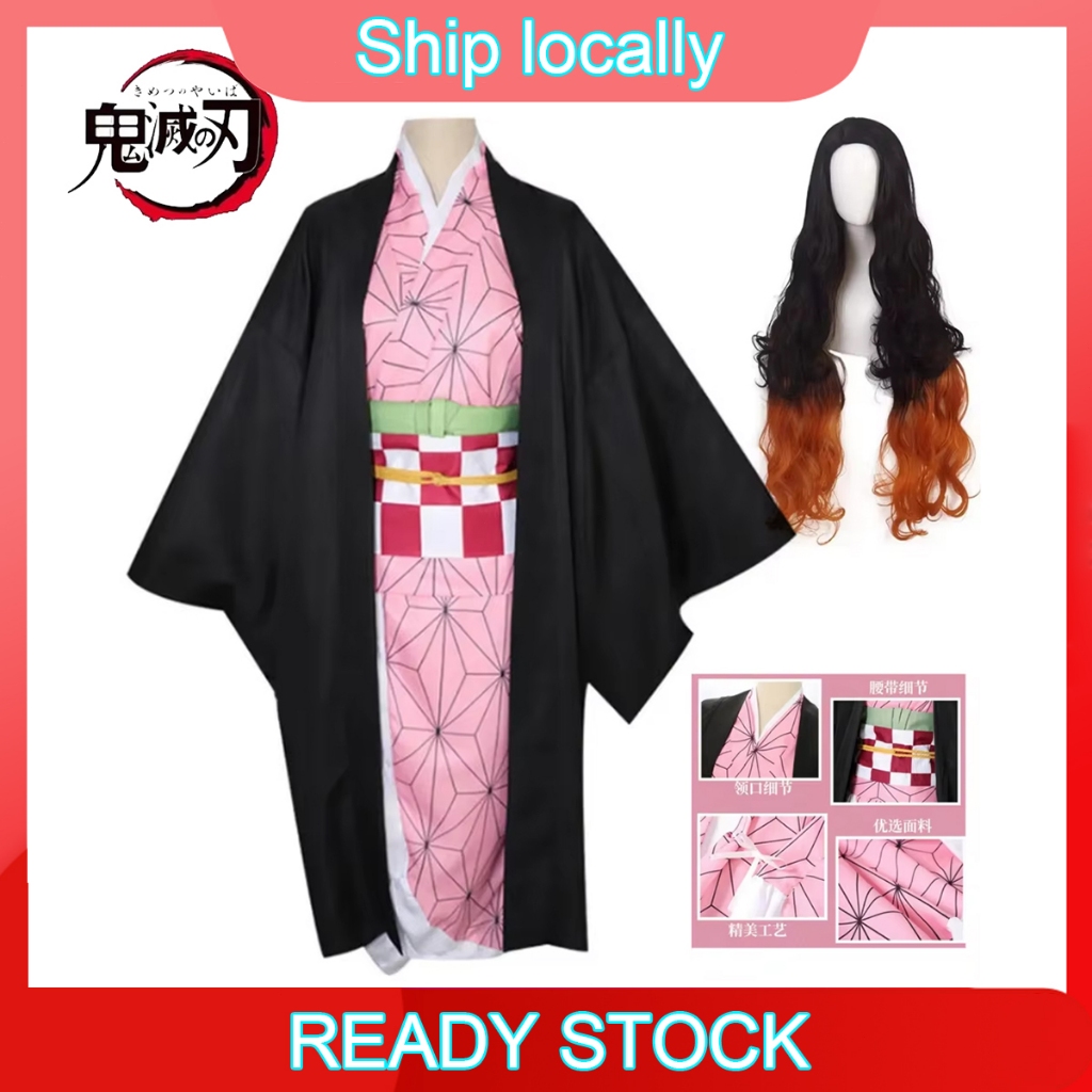 Anime Kamado Nezuko Cosplay Costume Kimono Wig Womens Girls Uniform Clothes For Adult Kids