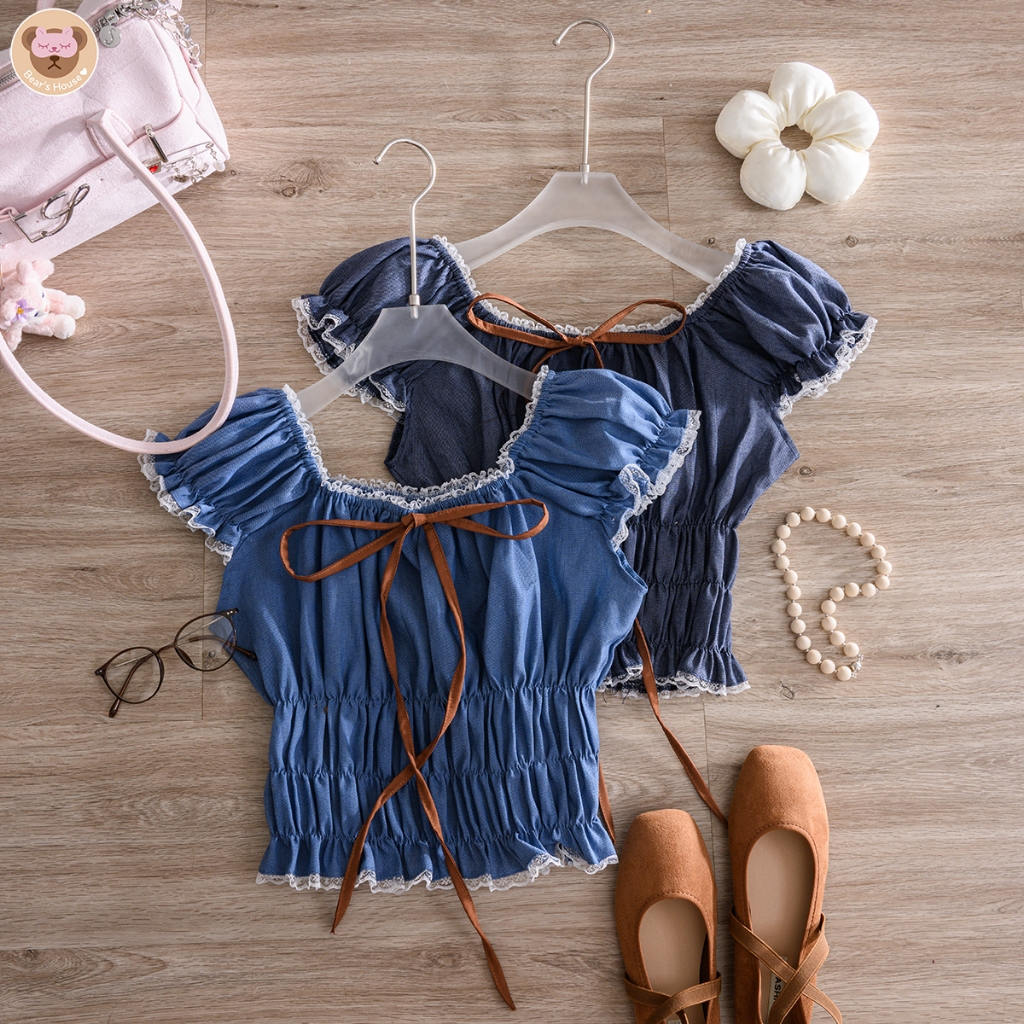 Mellow Smocky Crop เสื้อครอปเเขนตุ๊กตา เเต่งเชือกผูกโบว์สีน้ำตาล ผ้ายีนส์เทียม